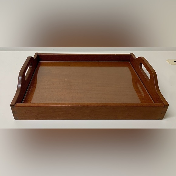 Mid Century Vintage Handled Glass Surface Dovetail Jointed Hardwood Tray - Picture 8 of 16